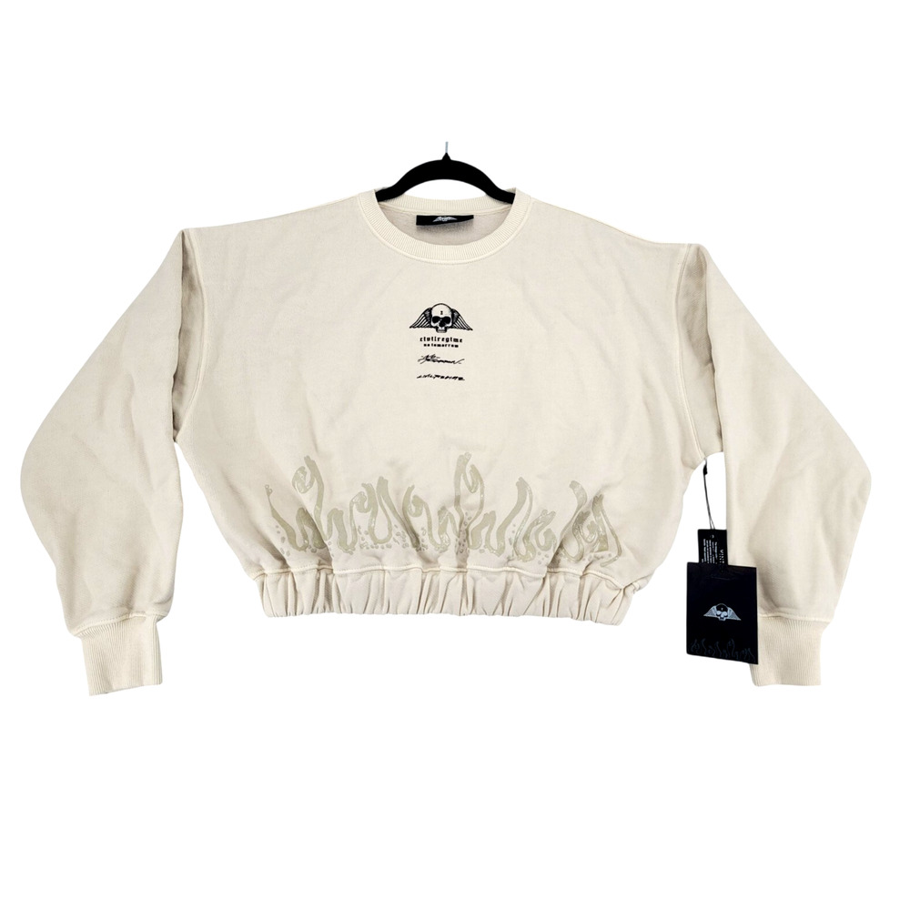 Civil Regime Lara Skull Flame Cropped Sweatshirt Cream Gothic Streetwear NWT‎